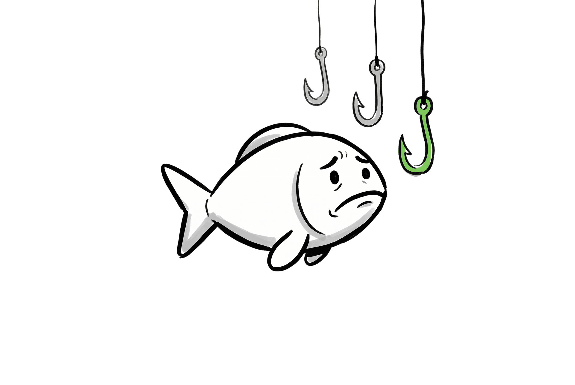 A small fish turning away from bare, unbaited fishing hooks