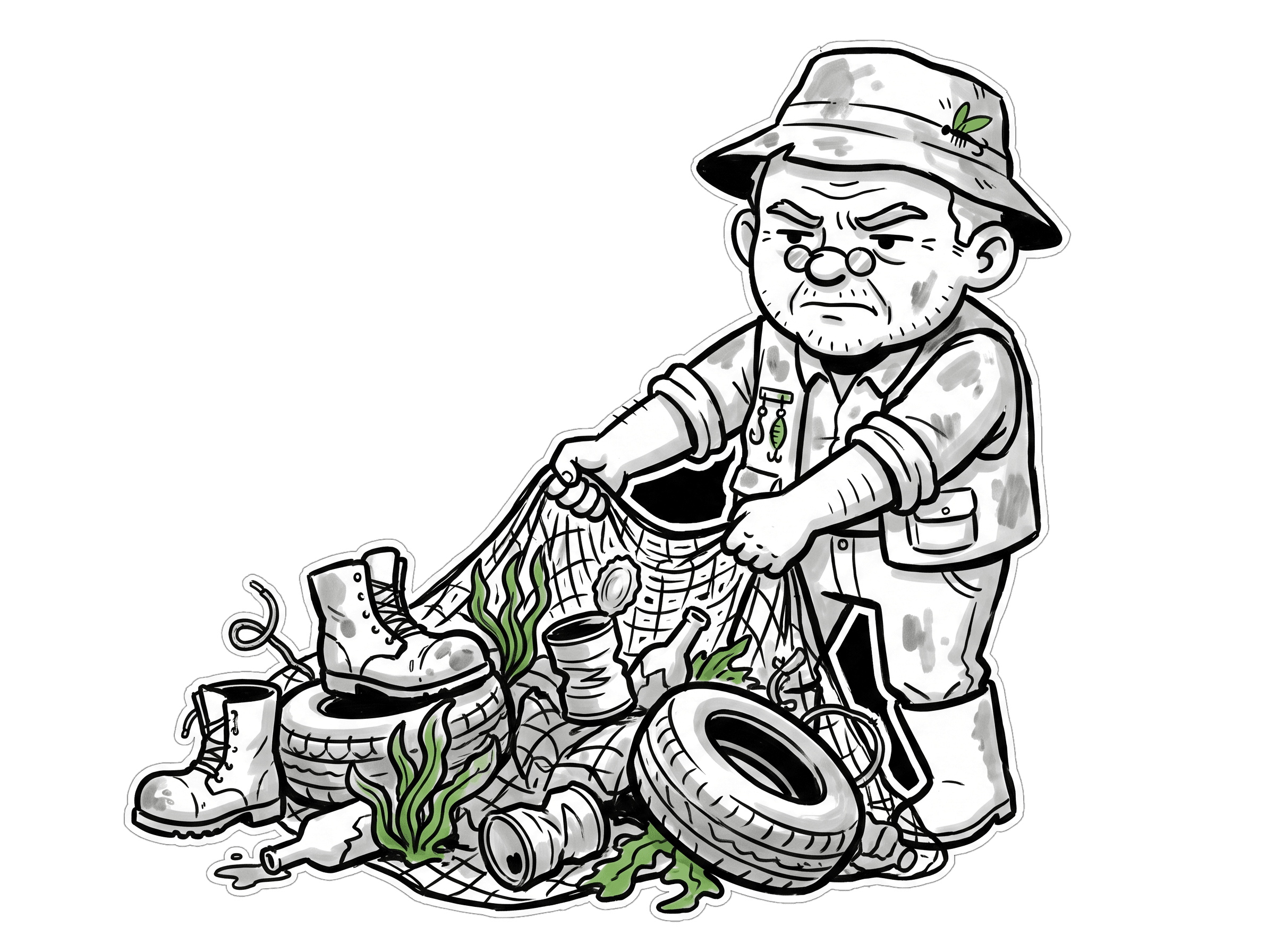 Gramps pulling up a net full of junk instead of fish