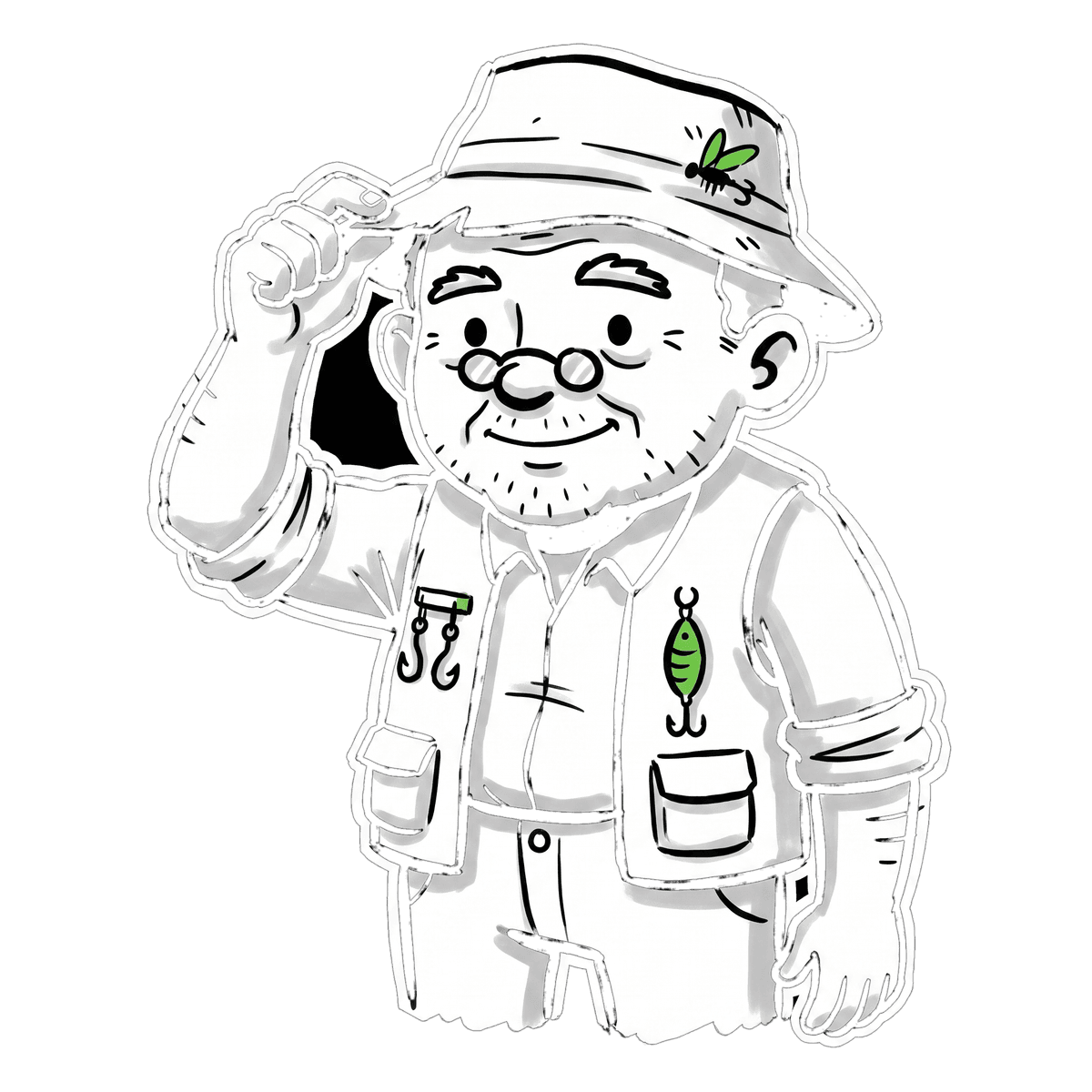 Gramps the fisherman tipping his hat in a welcoming gesture